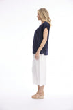 ORIENTIQUE | Linen Blend Top Rolled Neckline | NAVY