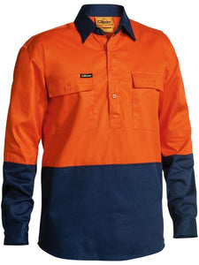 Bisley 2 Tone Closed Front Hi Vis Drill Shirt - Long Sleeve - Orange/Navy (BSC6267)