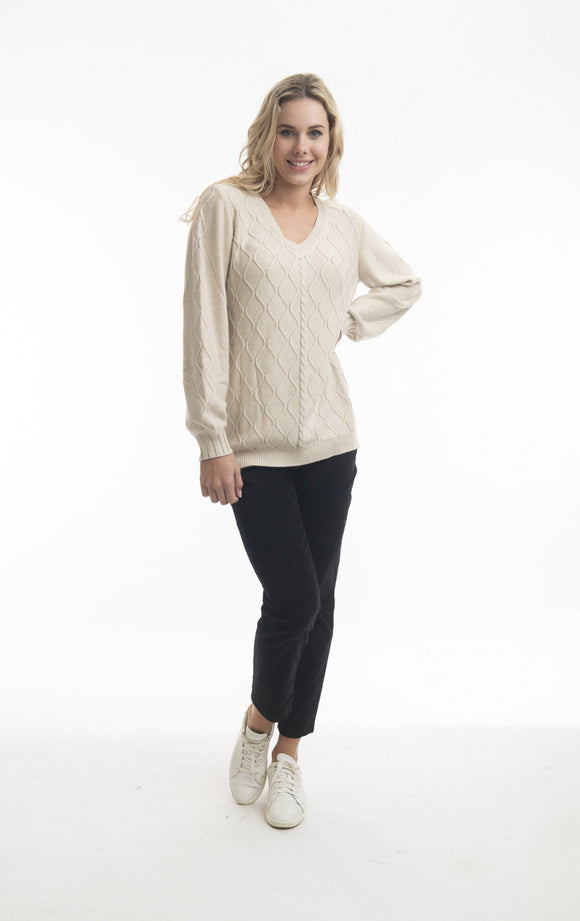 V-neck Cable Knit Jumper | Natural Melange