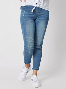 THREADZ| Distressed Pull On Jean DENIM