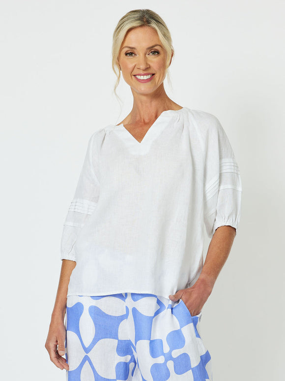 DIANA LINEN PLEAT SLEEVE TOP - WHITE