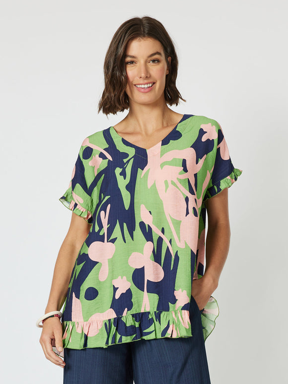 THREADZ |  Como Ruffle Printed Top - Green #45854