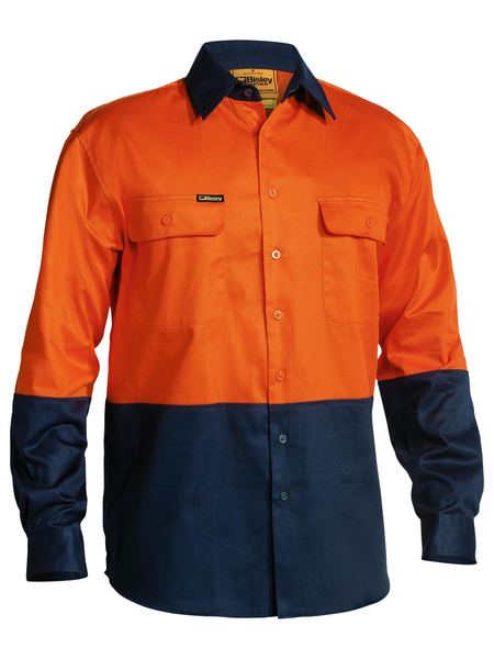 Bisley 2 Tone Open Front Hi Vis Drill Shirt - Long Sleeve - Orange/Navy (BS6267)