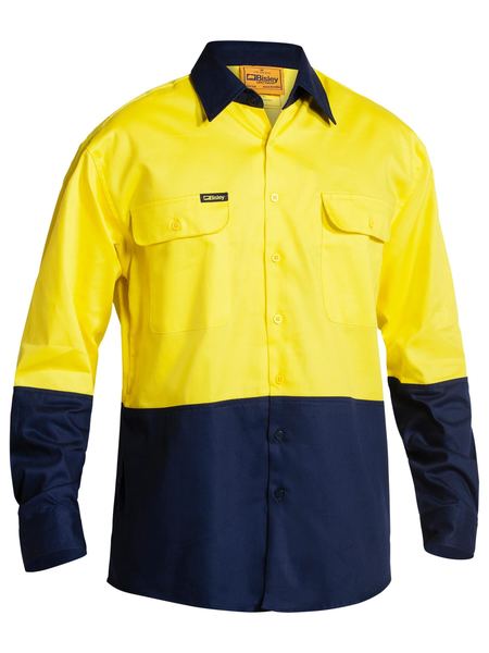 Bisley 2 Tone Open Front Hi Vis Drill Shirt - Long Sleeve - YELLOW/Navy (BS6267)