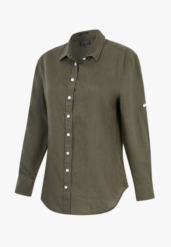 PILBARA WOMENS LINEN SHIRT | OLIVE