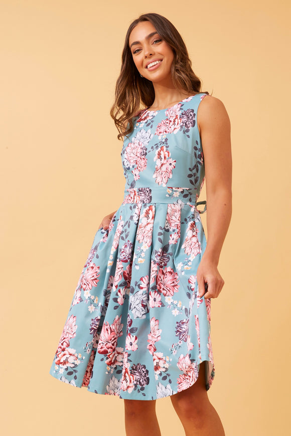 Floral Dress with Waist Tie | Sage