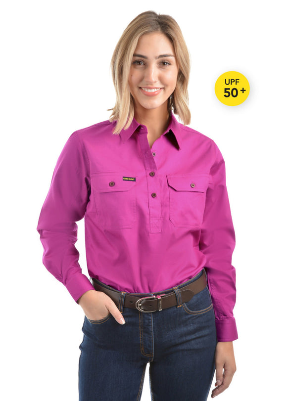 HARD SLOG Half Placket Light Cotton Shirt L/S | FUSCHIA