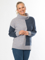 ROLL NECK PANEL CONTRAST KNIT SWEATER #5916 BLUE