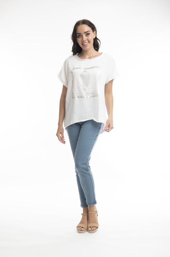 ORIENTIQUE-TEE EMBELLISHED LEAF VEINS WHITE