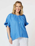 Clarity Frilled Sleeve Linen Top Blue