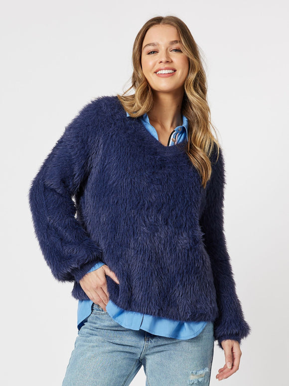 Fluffy V Neck Knit - Navy