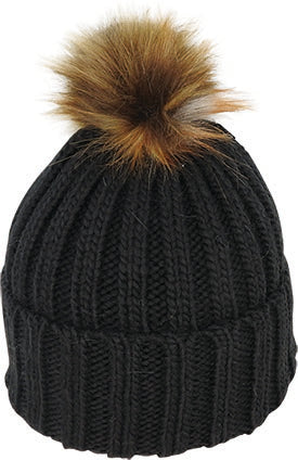 Acrylic Knit Beanie Fur Pom Pom | Black