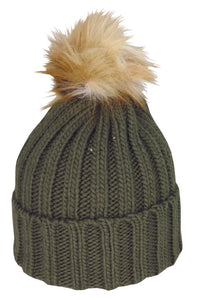 Acrylic Knit Beanie Fur Pom Pom | Olive