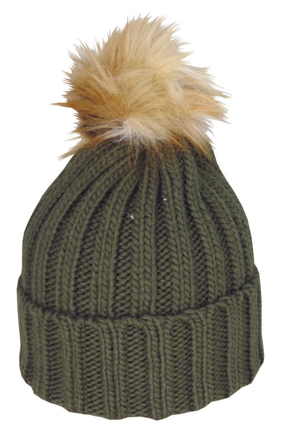 Acrylic Knit Beanie Fur Pom Pom | Olive