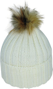 Acrylic Knit Beanie Fur Pom Pom | Winter White