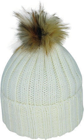 Acrylic Knit Beanie Fur Pom Pom | Winter White