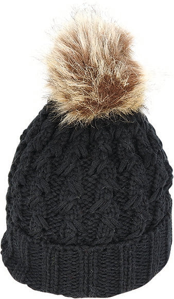 Chunky Cable Knit Beanie with Faux Fur Pom-Pom | Black