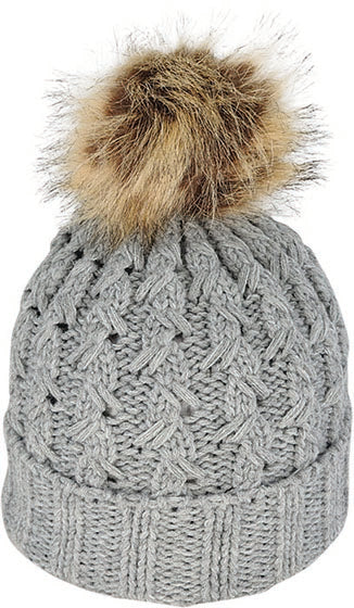 Chunky Cable Knit Beanie with Faux Fur Pom-Pom | Grey