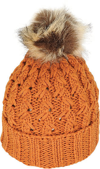 Chunky Cable Knit Beanie with Faux Fur Pom-Pom | Hazel