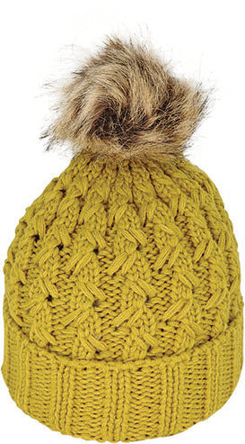 Chunky Cable Knit Beanie with Faux Fur Pom-Pom | Mustard