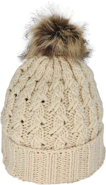 Chunky Cable Knit Beanie with Faux Fur Pom-Pom | Oatmeal
