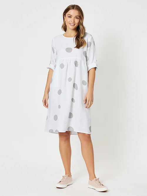 Clarity Spot Linen Tab Sleeve Dress