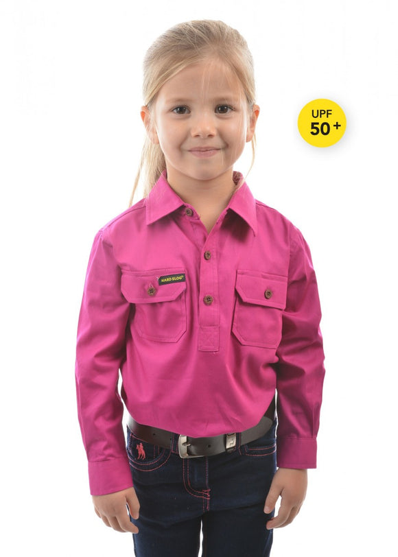 HARD SLOG Kids Half Placket Shirt L/S | Fuschia