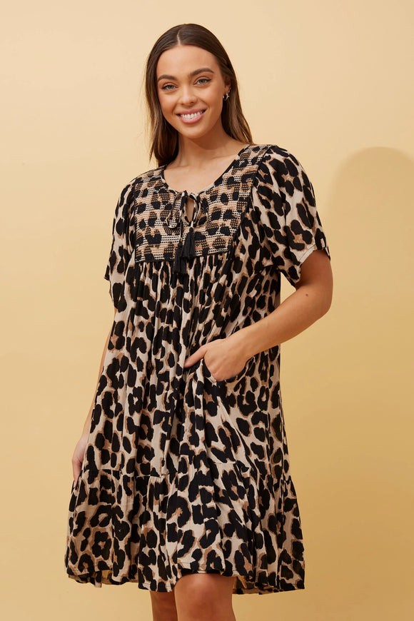 Short Sleeve Leopard Print Babydoll Dress